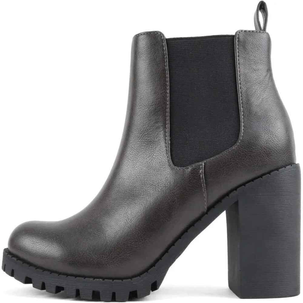 Women's Dark Grey Lug Sole Ankle Boot Elastic Gore Chunky Heel Bootie